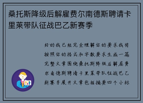 桑托斯降级后解雇费尔南德斯聘请卡里莱带队征战巴乙新赛季